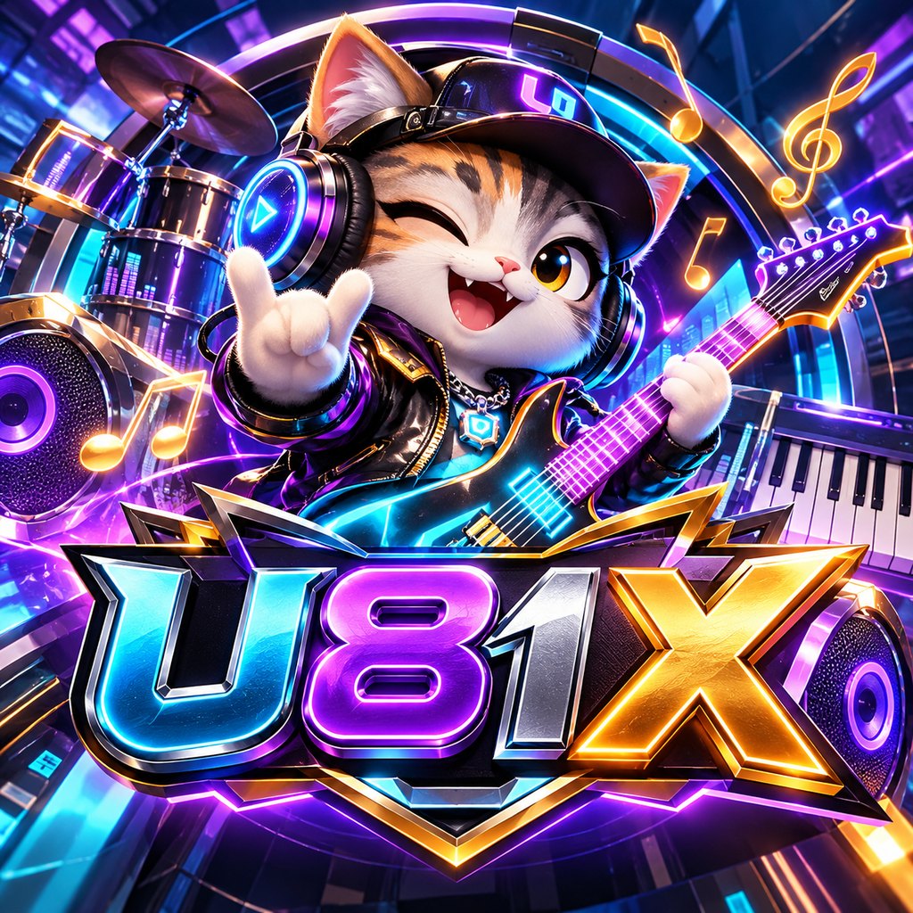 U81X 吉祥物 Riff:一只戴耳机和棒球帽、眨着眼弹奏发光紫色吉他的猫,下方是 U81X 标志